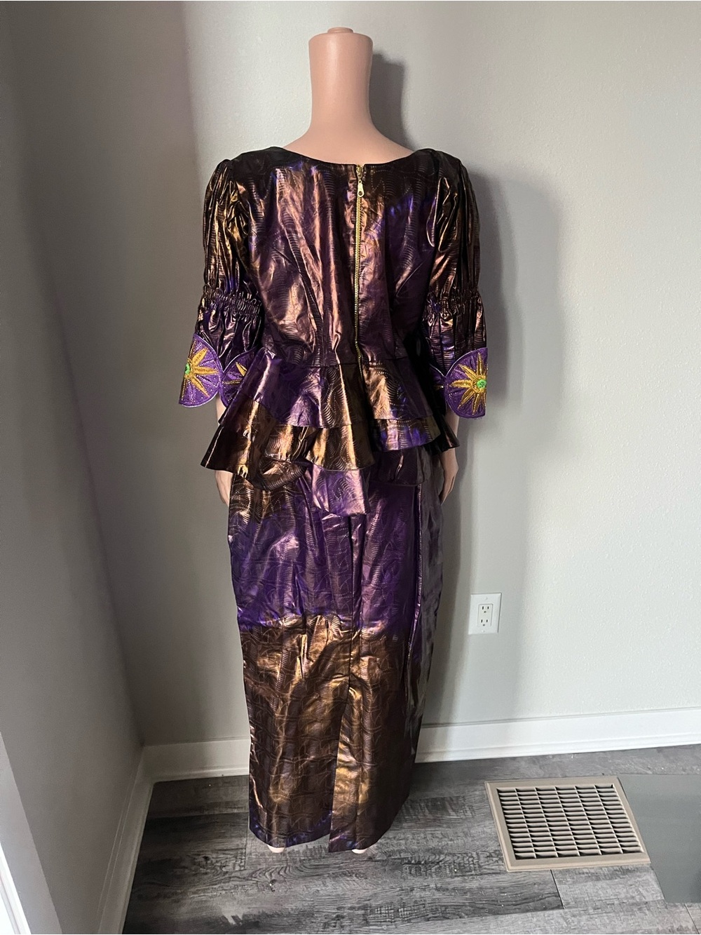 Metallic Purple Peplum Skirt Set with Embroidered Sleeves